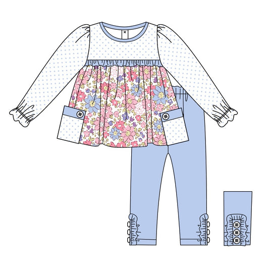 (Pre-order)GLP2069  Flowers Tunic Top Blue Pants Girls Fall Clothes Set