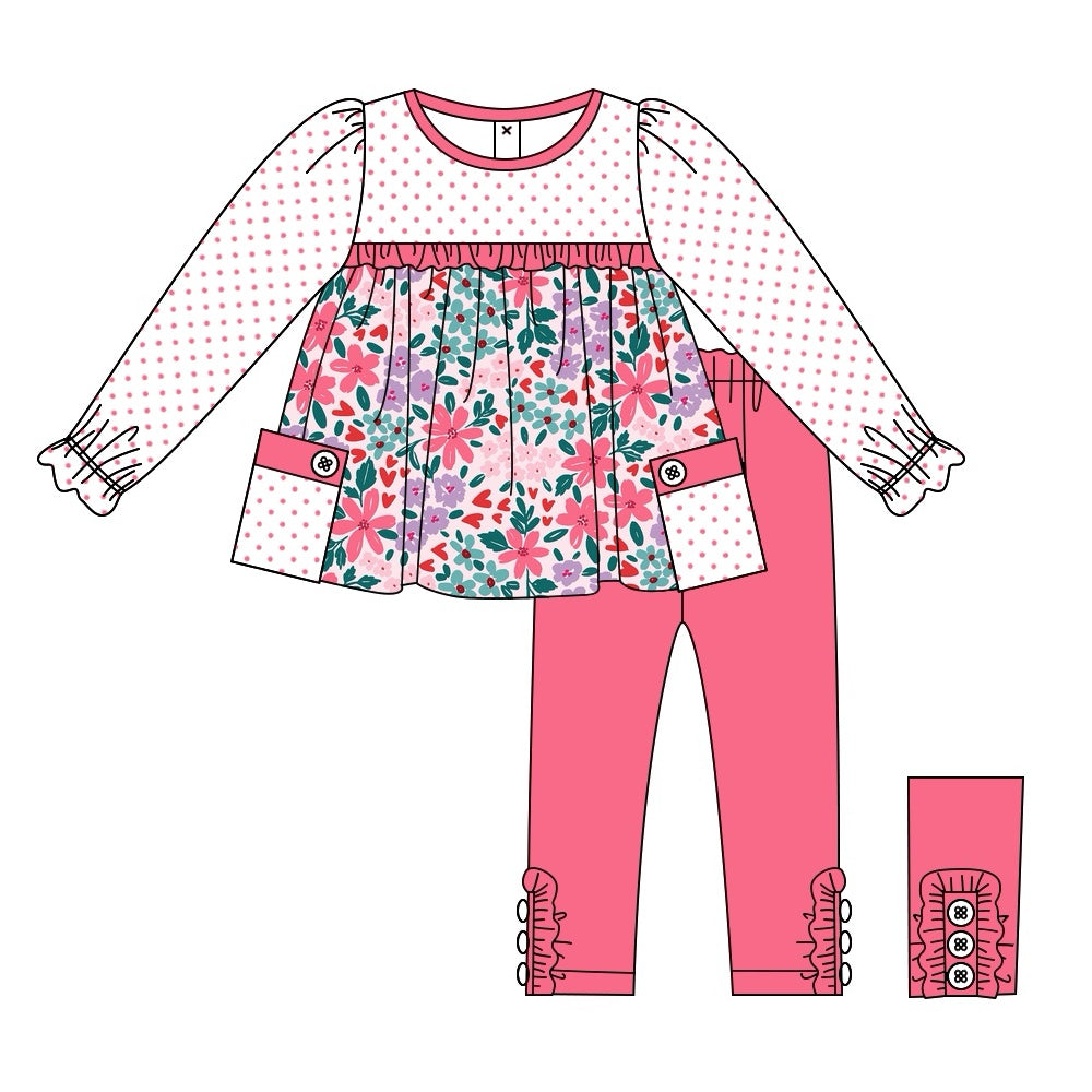 (Pre-order)GLP2070  Flowers Tunic Top Hotpink Pants Girls Fall Clothes Set