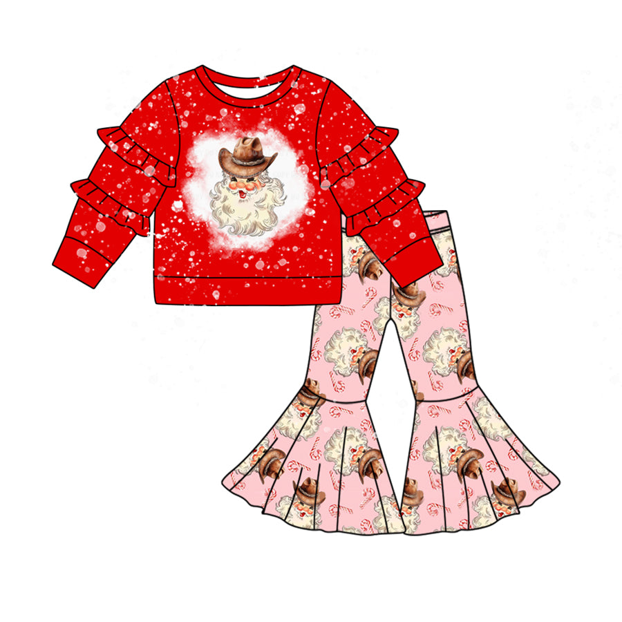 (Pre-order)GLP2074  Santa Red Ruffle Top Bell Pants Girls Christmas Clothes Set