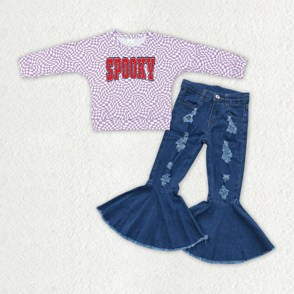 GLP2078 SPOOKY Purple Plaid Top Blue Denim Hole Jeans Girls Halloween Clothes Set