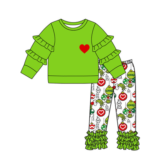 (Pre-order)GLP2089  Green Ruffle Top Lights Pants Girls Christmas Clothes Set