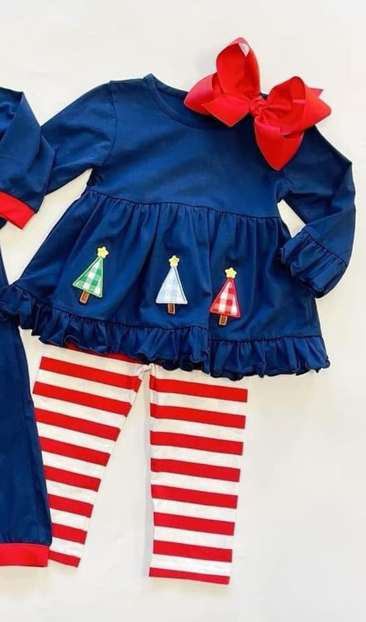 (Pre-order)GLP2090 Tree Navy Tunic Top Red Stripes Pants Girls Christmas Clothes Set