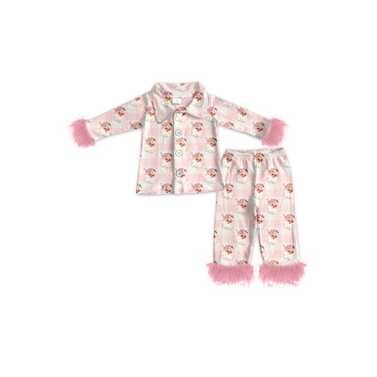 (Pre-order)GLP2092 Santa Plaid Pink Print Girls Christmas Buttons Fur Pajamas Clothes Set