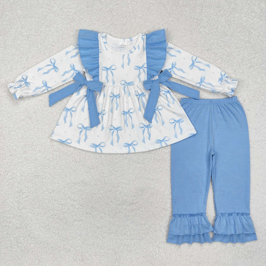 GLP2109  Bows Tunic Top Blue Pants Girls Clothes Set