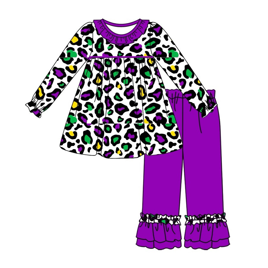 (Pre-order)GLP2111  Leopard Tunic Top Purple Pants Girls Mardi Gras Clothes Set