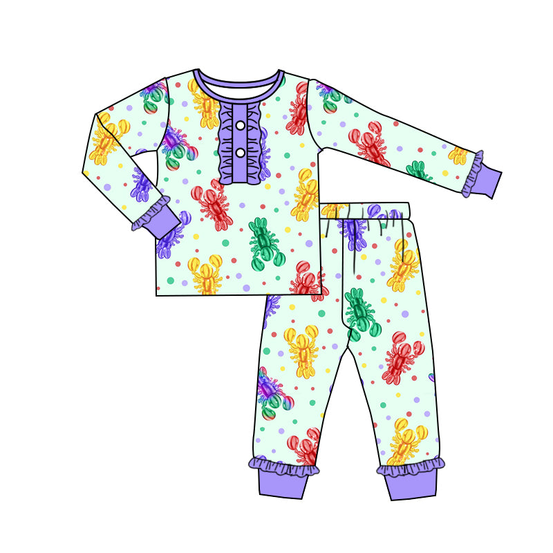 (Pre-order)GLP2112  Colorful Crayfish Print Girls Mardi Gras Pajamas Clothes Set