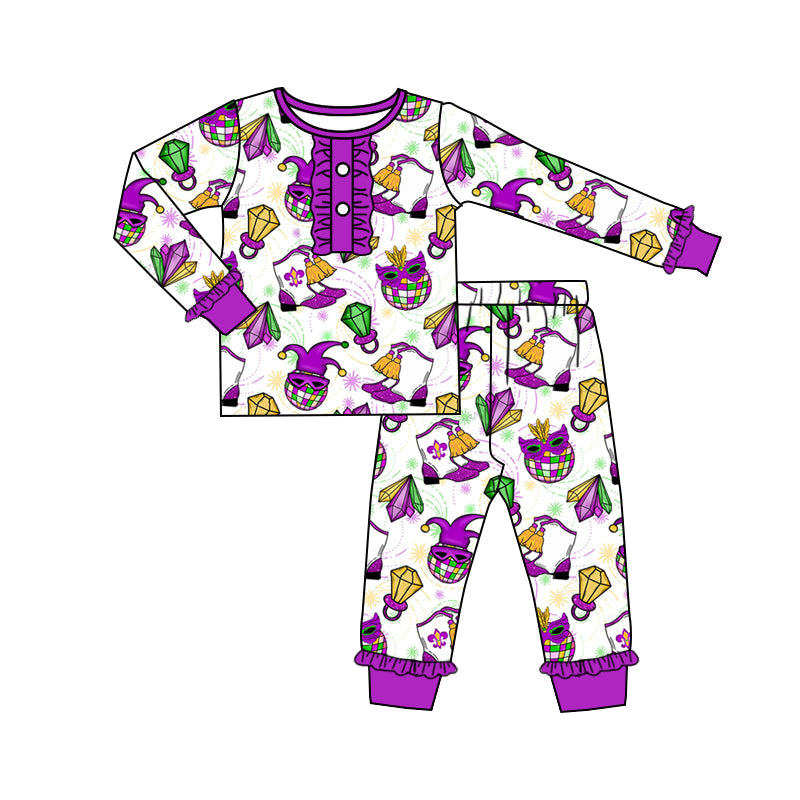 (Pre-order)GLP2113  Mask Boots Print Girls Mardi Gras Pajamas Clothes Set