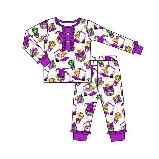 (Pre-order)GLP2113  Mask Boots Print Girls Mardi Gras Pajamas Clothes Set