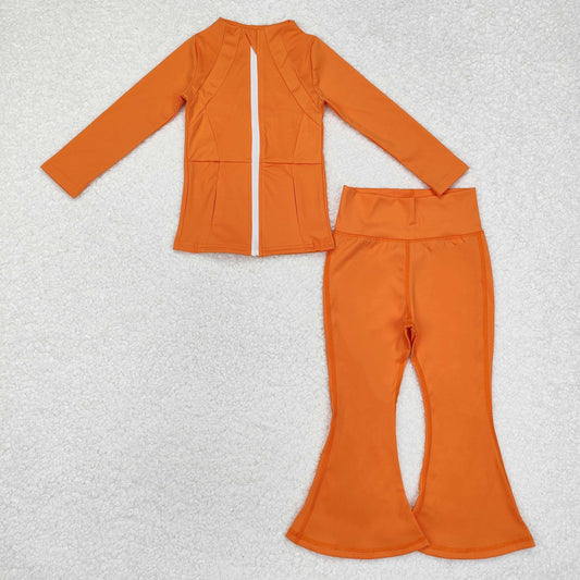 GLP2117  Orange Color Zipper Jackets Top Bell Pants Girls Yoga Athletic Clothes Set