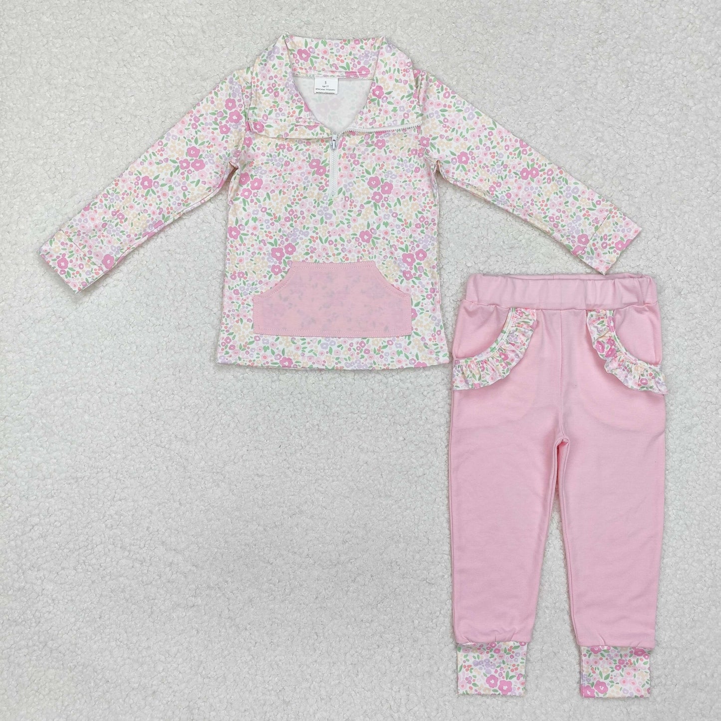 GLP2118  Flowers Zipper Top Pink Pants Girls Spring Clothes Set