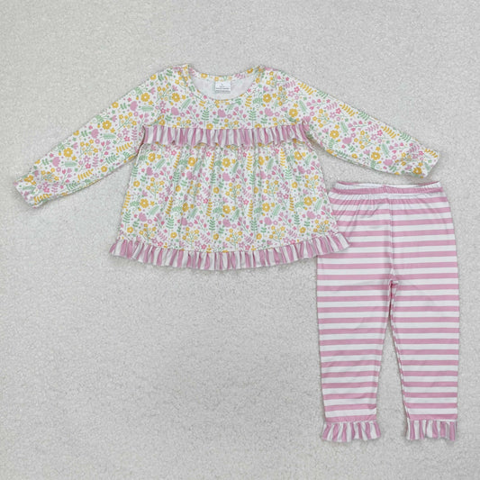 GLP2119  Flowers Tunic Top Stripes Pants Girls Spring Clothes Set