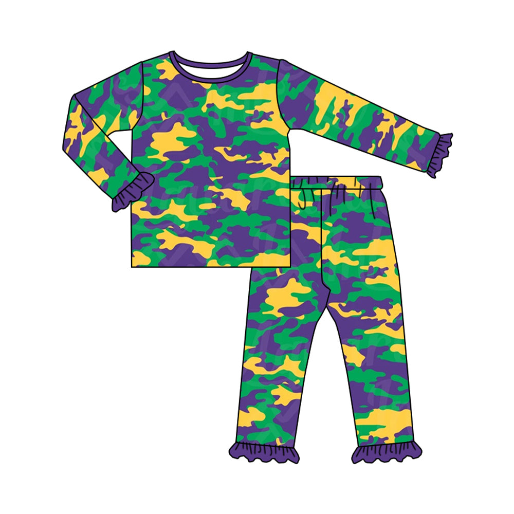 (Pre-order)GLP2122 Green Yellow Purple Camo Print Girls Mardi Gras Pajamas Clothes Set