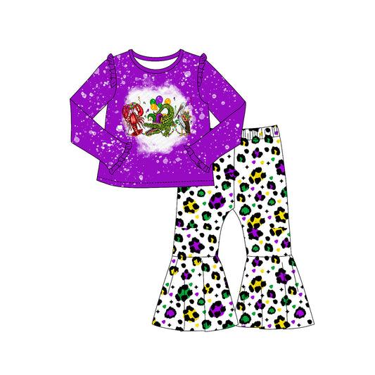 (Pre-order)GLP2124  Crocodile Bird Crayfish Purple Top Leopard Bell Pants Girls Mardi Gras Clothes Set