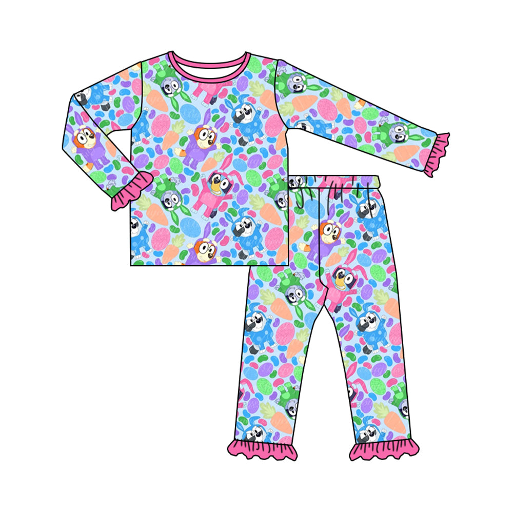 (Pre-order)GLP2132 Cartoon Dog Bunny Print Girls Easter Pajamas Clothes Set