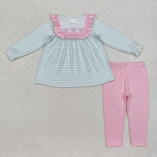 GLP2135  Bows Embroidery Green Stripes Tunic Top Pink Pants Girls Clothes Set