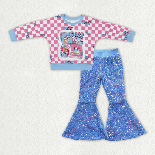 GLP2139 Cartoon Dog Plaid Top Blue Sequin Bell Pants Girls Christmas Clothes Sets