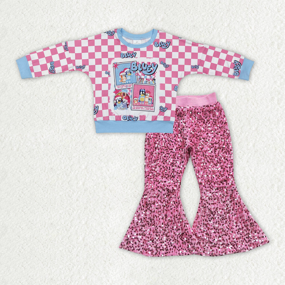 GLP2140 Cartoon Dog Plaid Top Pink Sequin Bell Pants Girls Christmas Clothes Sets