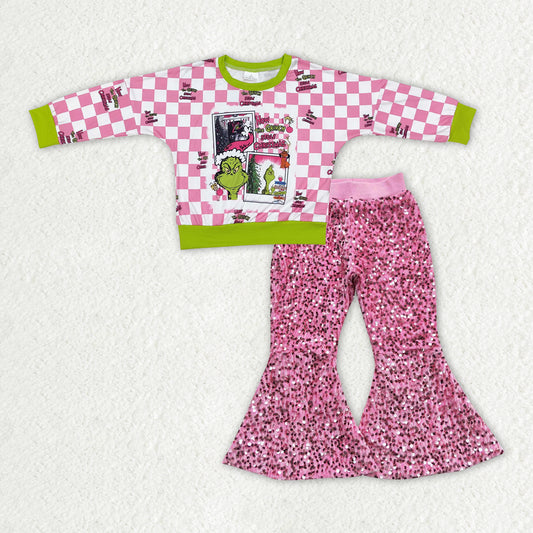 GLP2141 Green Frog Plaid Top Pink Sequin Bell Pants Girls Christmas Clothes Sets