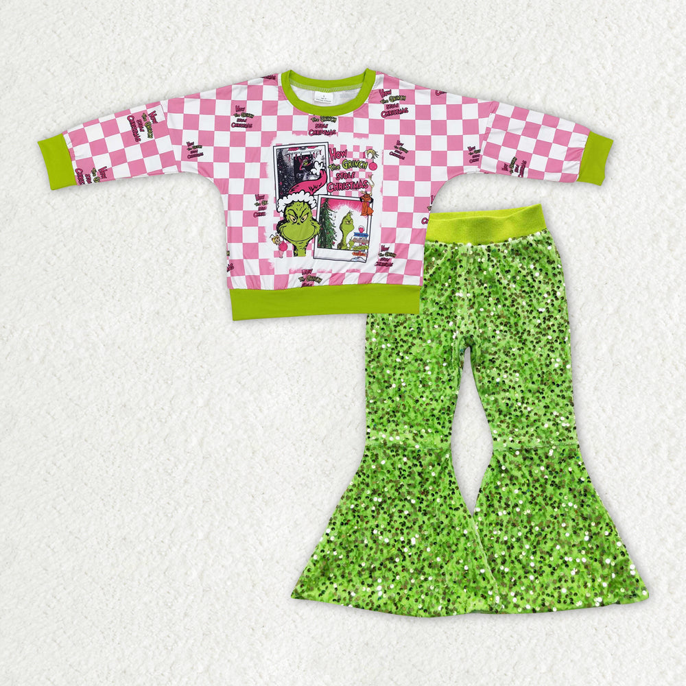 GLP2142 Green Frog Pink Plaid Top Sequin Bell Pants Girls Christmas Clothes Sets