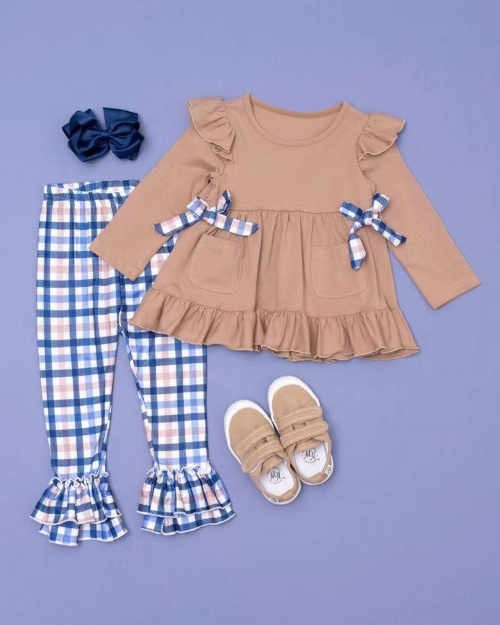 (Pre-order)GLP2146 Brown Pocket Tunic Top Plaid Pants Girls Fall Clothes Set