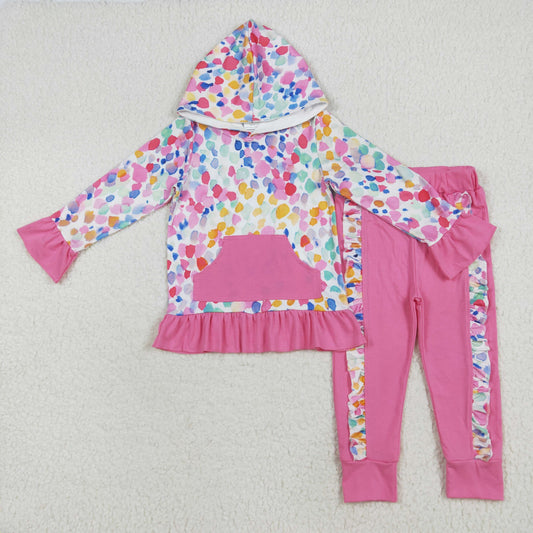 GLP2151 Colorful Leopard Hoodie Top Hotpink Pants Girls Fall Clothes Set
