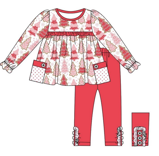 (Pre-order)GLP2157 Pink Trees Tunic Top Red Pants Girls Christmas Clothes Set
