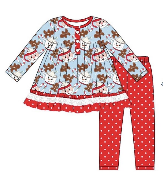 (Pre-order)GLP2162 Gingerbread Milk Candy Tunic Top Dots Pants Girls Christmas Clothes Set