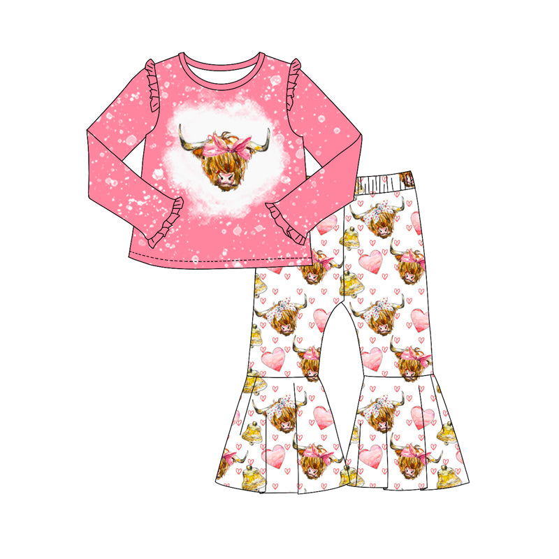 (Pre-order)GLP2168 Highland Cow Heart Print Bell Pants Girls Valentine's Day Clothes Set