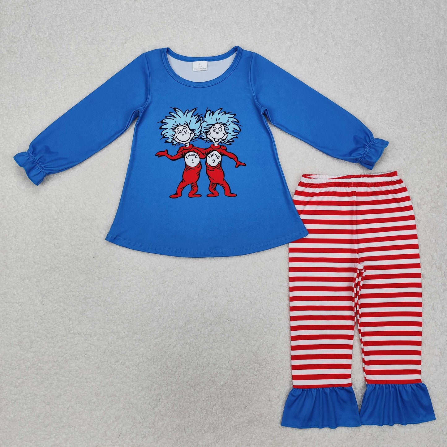 Dr.Reading Blue Top Red Stripes Print Kids Clothes Set Sibling Wear