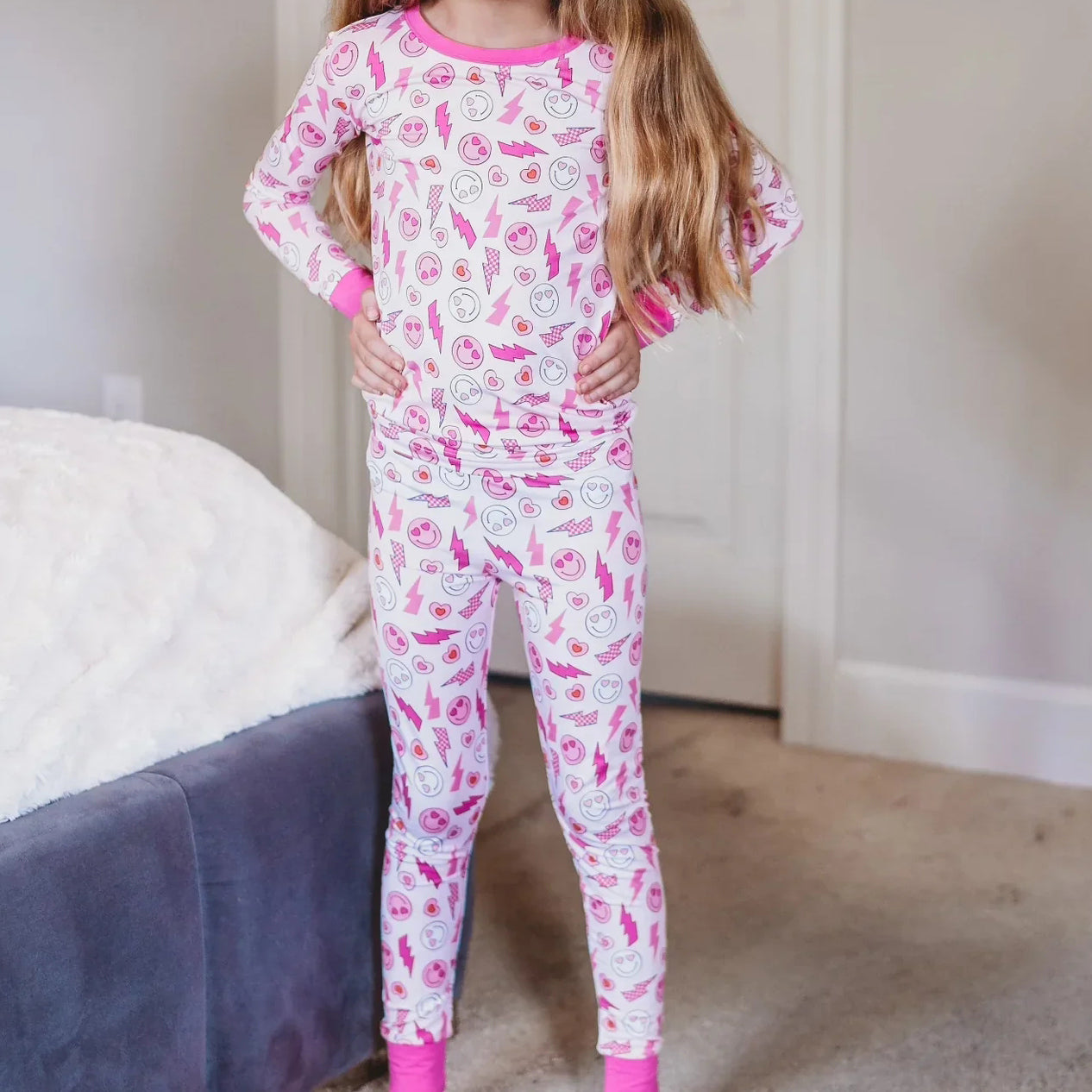 (Pre-order)GLP2179 Smiling Face Heart Pink Print Girls Valentine's Day Pajamas Clothes Set