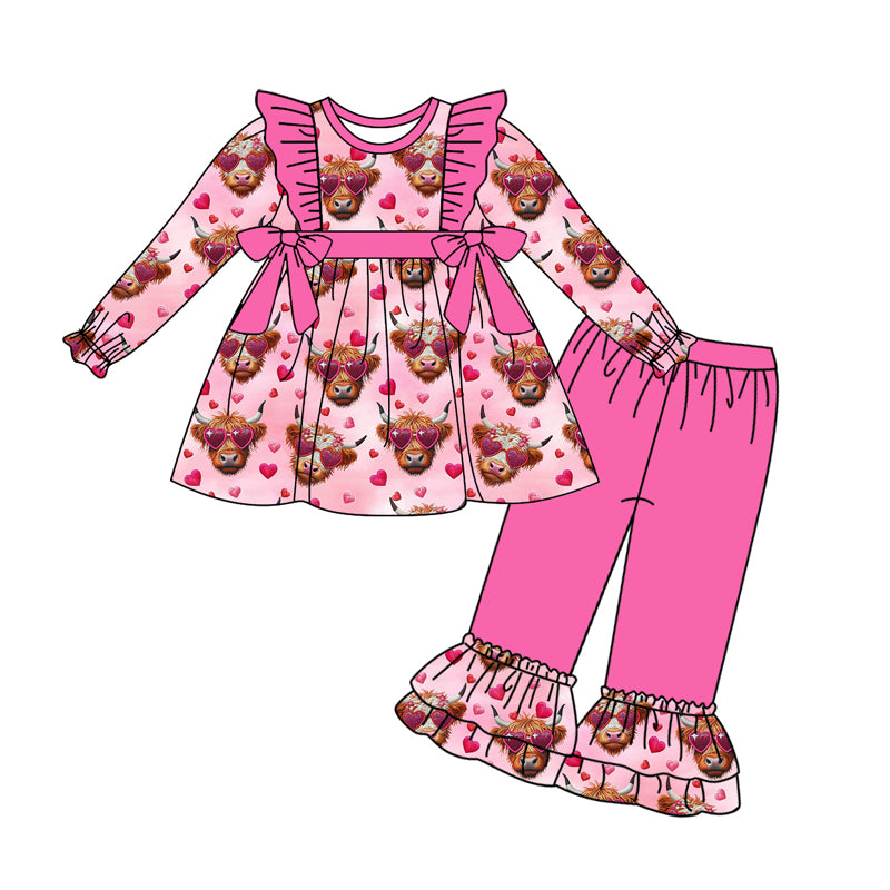 (Pre-order)GLP2189  Highland Cow Heart Tunic Top Ruffle Pants Girls Valentine's Day Clothes Set