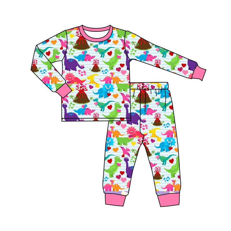 (Pre-order)GLP2194 Colorful Dino Heart Print Girls Valentine's Day Pajamas Clothes Set