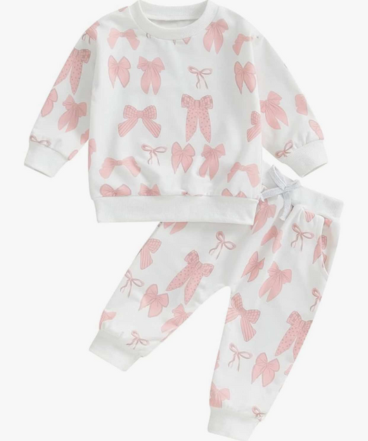 (Pre-order)GLP2195 Pink Bows Print Girls Clothes Set