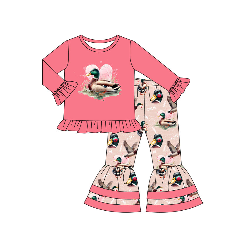 (Pre-order)GLP2196  Duck Heart Top Call Me XOXO Bell Pants Girls Valentine's Day Clothes Set