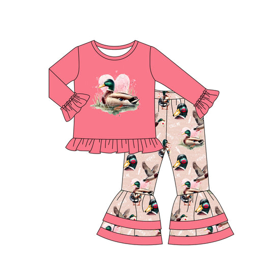 (Pre-order)GLP2196  Duck Heart Top Call Me XOXO Bell Pants Girls Valentine's Day Clothes Set