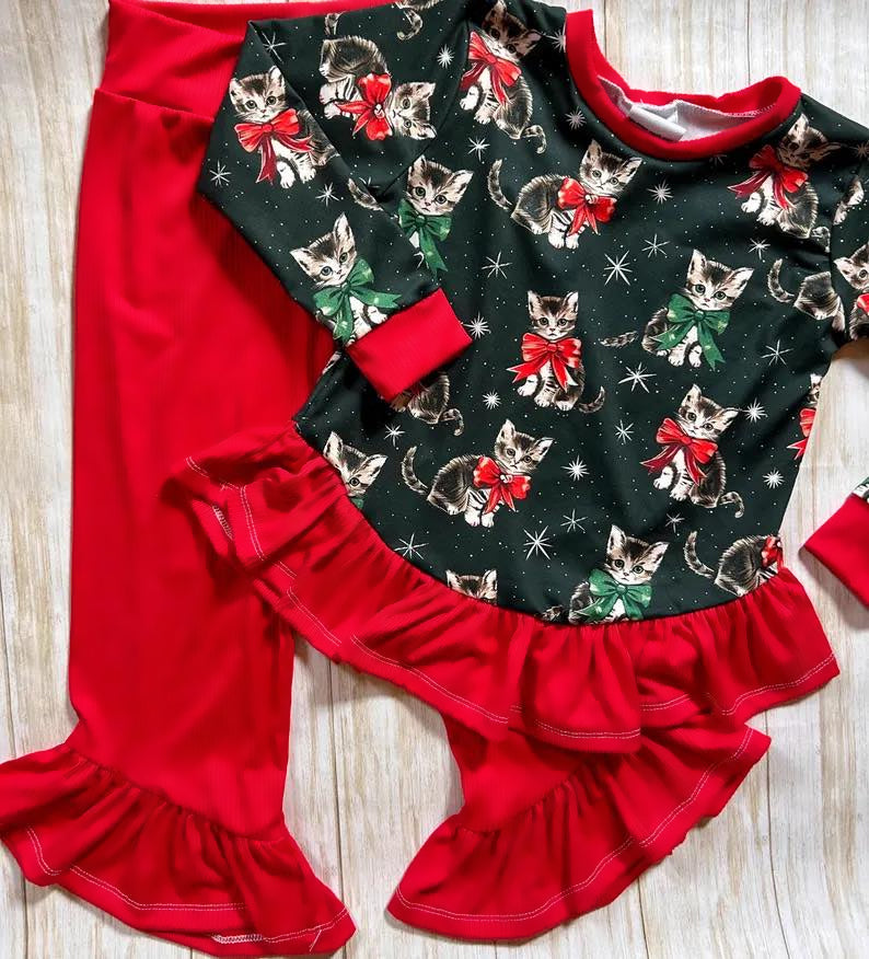 (Pre-order)GLP2199 Cats Bows Top Red Pants Girls Christmas Clothes Set