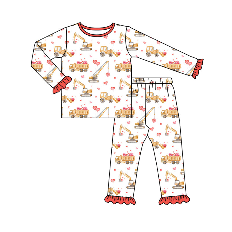 (Pre-order)GLP2203 Construction Trucks Red Heart Print Girls Valentine's Day Pajamas Clothes Set