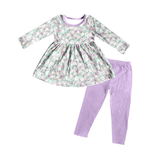 (Pre-order)GLP2207 Flowers Tunic Top Purple Pants Girls Clothes Set