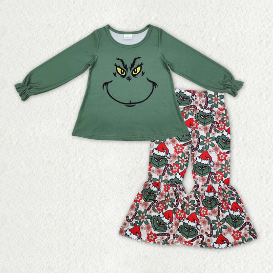 GLP2208 Green Frog Smiling Top Flowers Bell Pants Girls Christmas Clothes Set