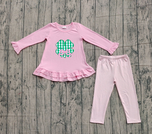 (Pre-order)GLP2210 Four-leaf Clover Bows Pink Tunic Top Stripes Pants Girls St. Patrick's Day Clothes Set