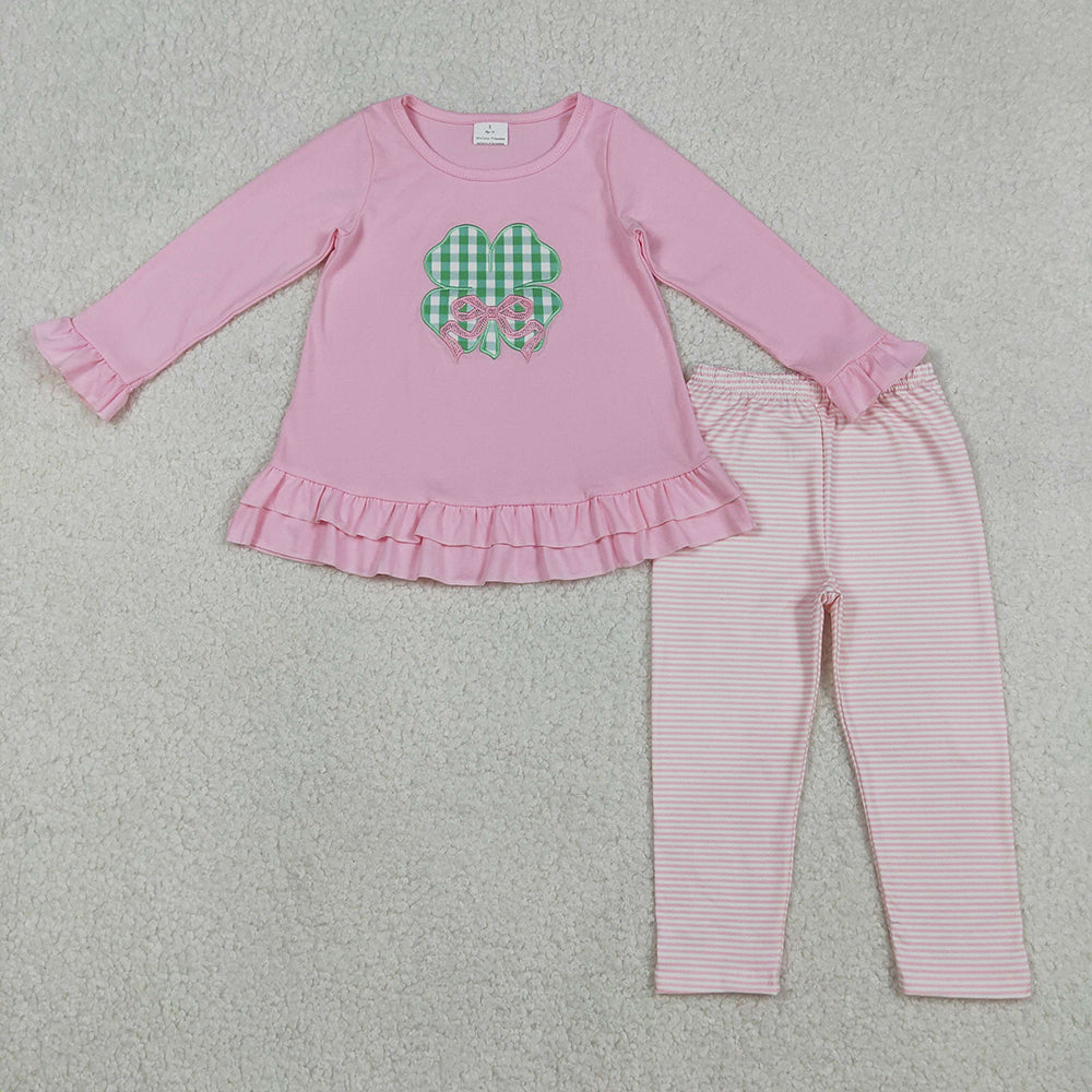GLP2210 Four-leaf Clover Bow Embroidery  Pink Tunic Top Stripes Pants Girls St. Patrick's Day Clothes Set