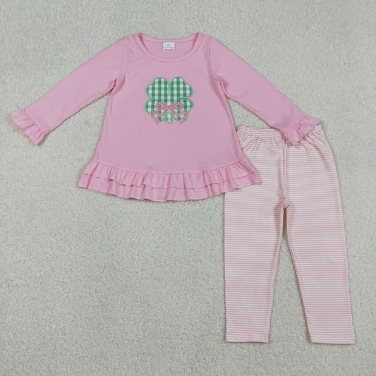GLP2210 Four-leaf Clover Bow Embroidery  Pink Tunic Top Stripes Pants Girls St. Patrick's Day Clothes Set