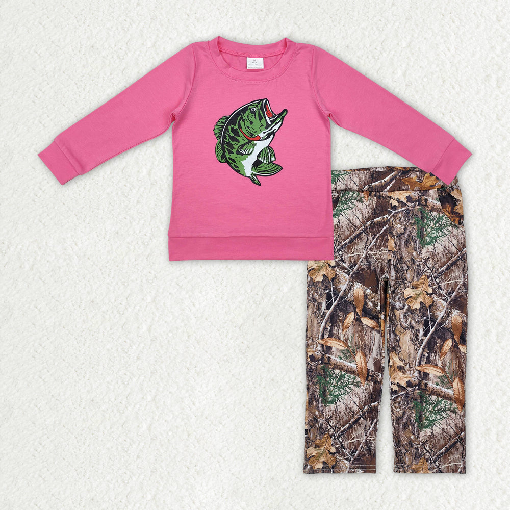 GLP2213 Fish Vinyl Pink Top Branch Camo Pants Girls Hunting Clothes Set