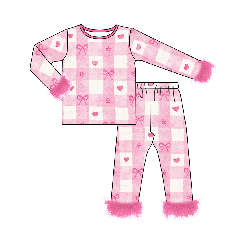 (Pre-order)GLP2214 Heart Bows Pink Plaid Print Girls Valentine's Day Pajamas Clothes Set