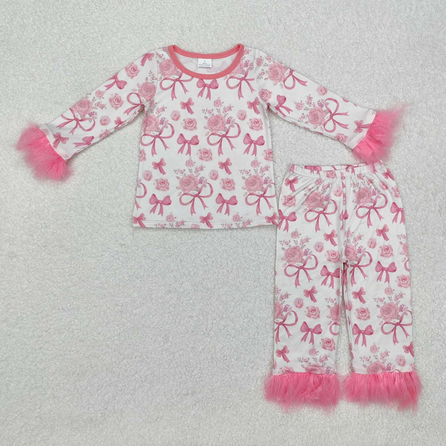 GLP2215 Pink Flowers Bows Print Girls Valentine's Day Fur Pajamas Clothes Set