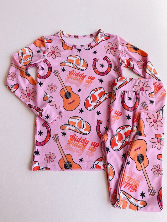 (Pre-order)GLP2217 Guitar Hat Flowers Print Girls Western Pajamas Clothes Set