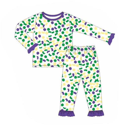 (Pre-order)GLP2224 Purple Yellow Green Print Girls Mardi Gras Pajamas Clothes Set