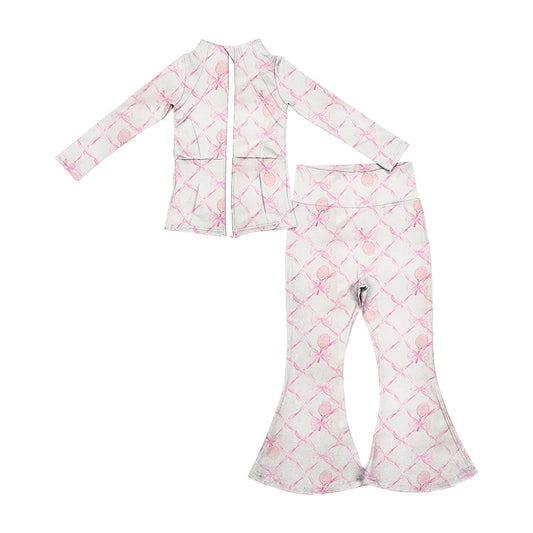 (Pre-order)GLP2228  Pink Tennis Bow Print Zipper Jackets Top Bell Pants Girls Yoga Athletic Clothes Set