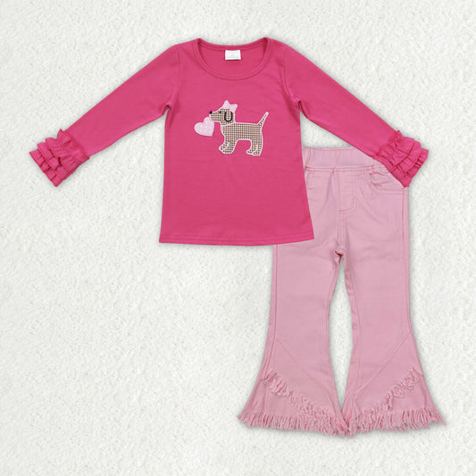 GLP2236 Hotpink Dog Heart Embroidery Top Pink Denim Bell Jeans Girls Valentine's Day Clothes Set