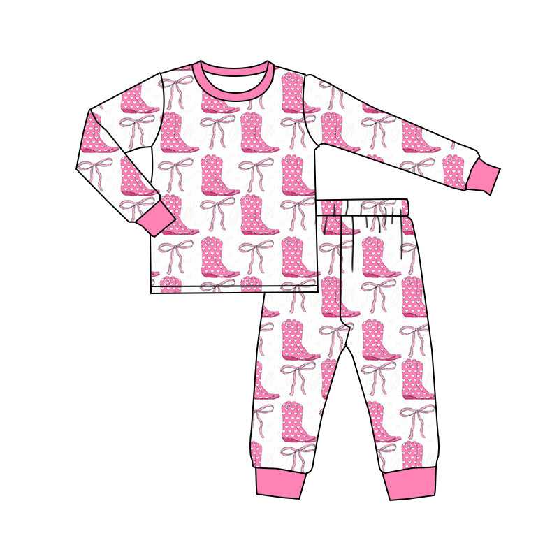 (Pre-order)GLP2251 Boots Bows Print Girls Western Pajamas Clothes Set